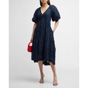 FRAME Puff Sleeve Navy Eyelet Midi Dress Small S